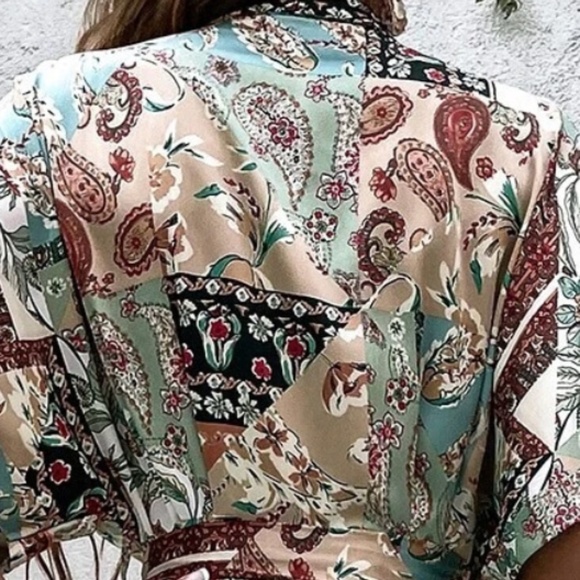 Boho Paisley Print Button up satin Dress - Picture 2 of 3